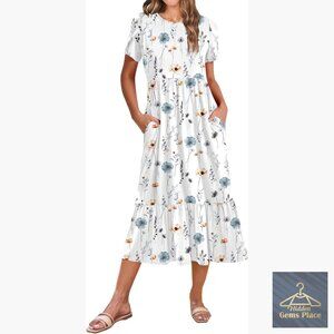 Summer Midi A-Line Dress with Pockets Casual Flowy Tiered Sundress